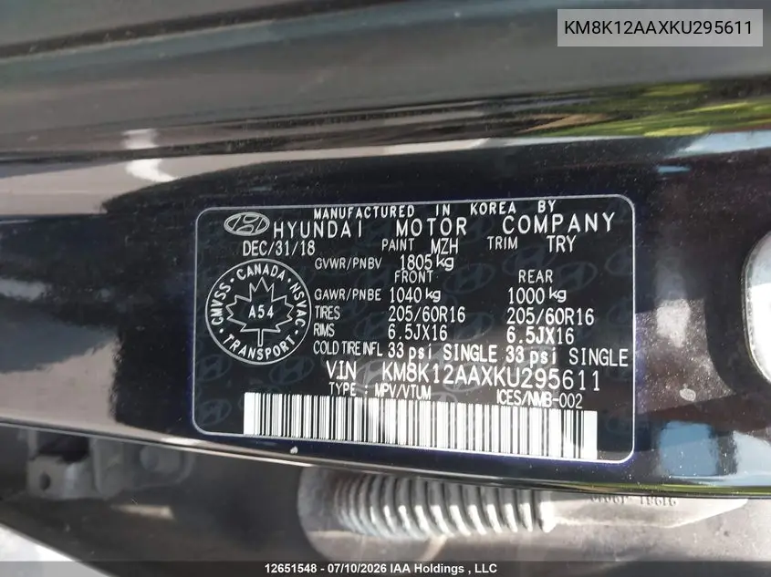 2019 Hyundai Kona VIN: KM8K12AAXKU295611 Lot: 12651548