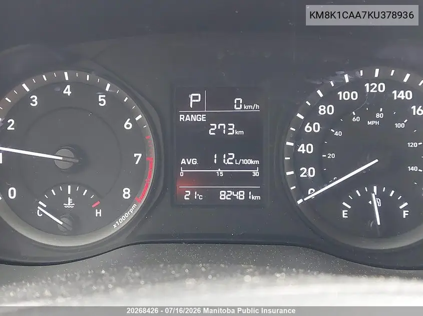 2019 Hyundai Kona Essential VIN: KM8K1CAA7KU378936 Lot: 20268426