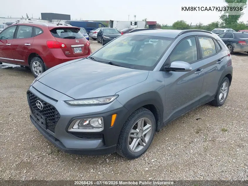 2019 Hyundai Kona Essential VIN: KM8K1CAA7KU378936 Lot: 20268426