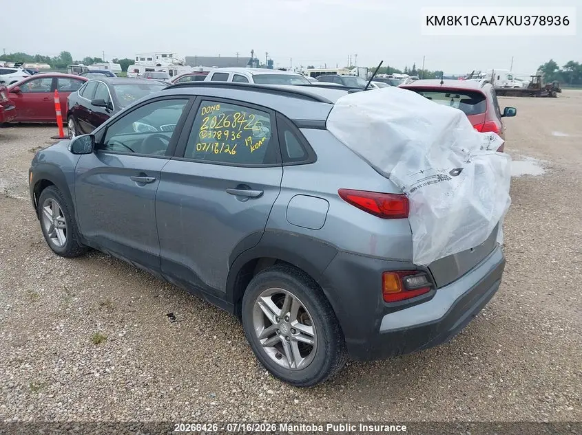 2019 Hyundai Kona Essential VIN: KM8K1CAA7KU378936 Lot: 20268426