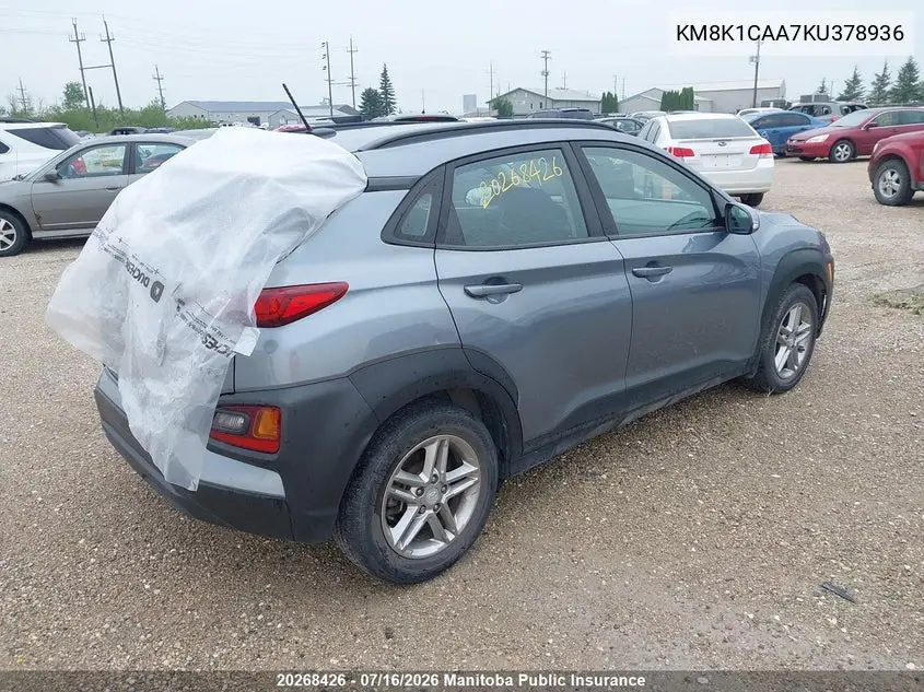 2019 Hyundai Kona Essential VIN: KM8K1CAA7KU378936 Lot: 20268426
