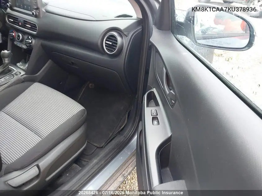 2019 Hyundai Kona Essential VIN: KM8K1CAA7KU378936 Lot: 20268426