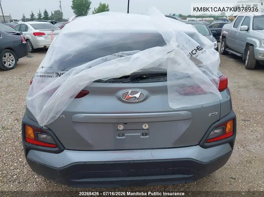 2019 Hyundai Kona Essential VIN: KM8K1CAA7KU378936 Lot: 20268426