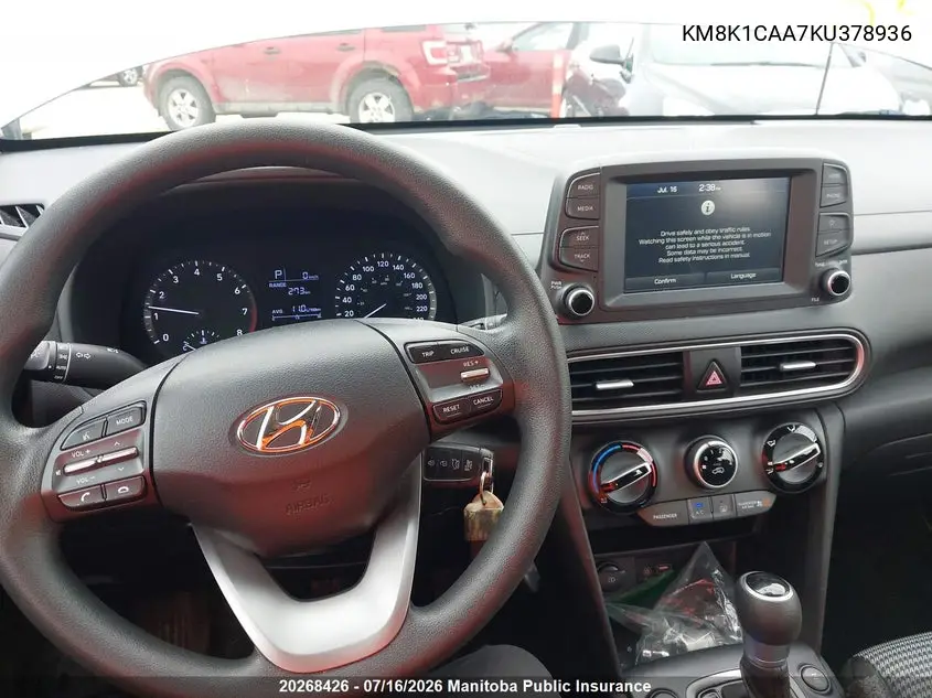 2019 Hyundai Kona Essential VIN: KM8K1CAA7KU378936 Lot: 20268426