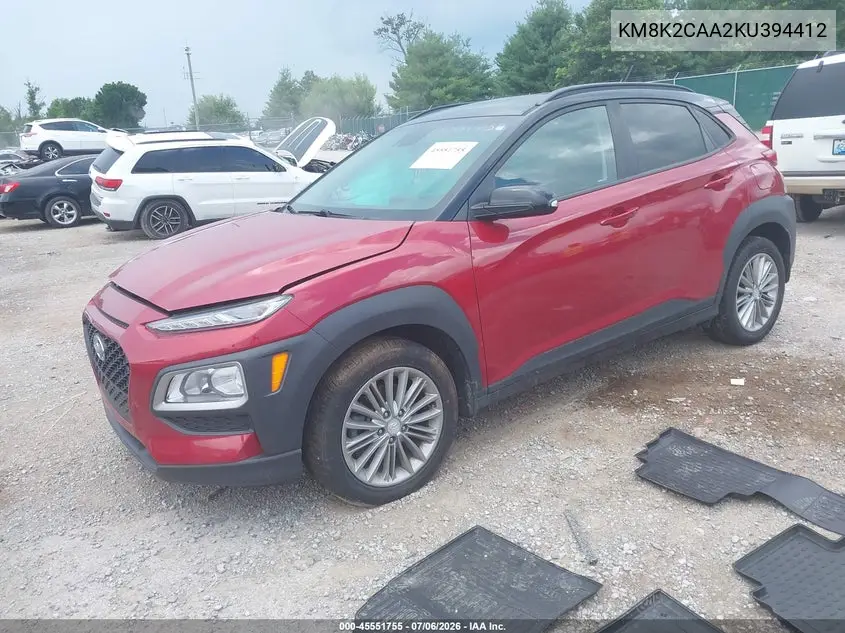 2019 Hyundai Kona Sel VIN: KM8K2CAA2KU394412 Lot: 45551755