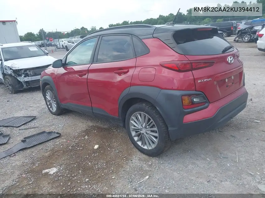 2019 Hyundai Kona Sel VIN: KM8K2CAA2KU394412 Lot: 45551755