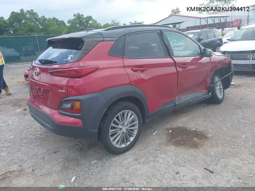 2019 Hyundai Kona Sel VIN: KM8K2CAA2KU394412 Lot: 45551755