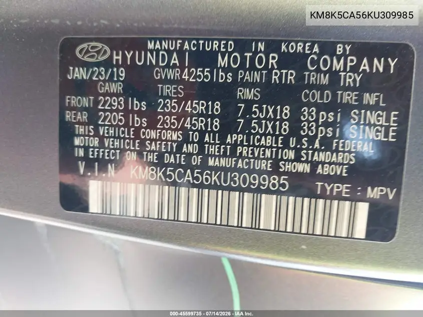 2019 Hyundai Kona Iron Man VIN: KM8K5CA56KU309985 Lot: 45599735