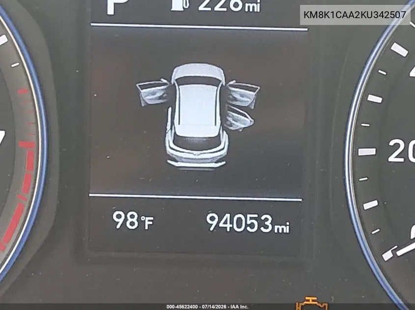 2019 Hyundai Kona Se VIN: KM8K1CAA2KU342507 Lot: 45622400