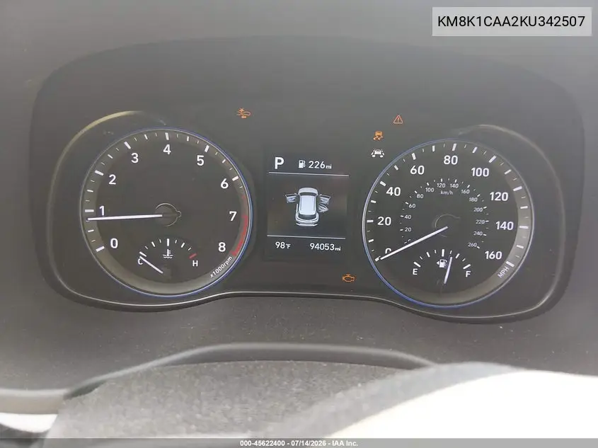 2019 Hyundai Kona Se VIN: KM8K1CAA2KU342507 Lot: 45622400