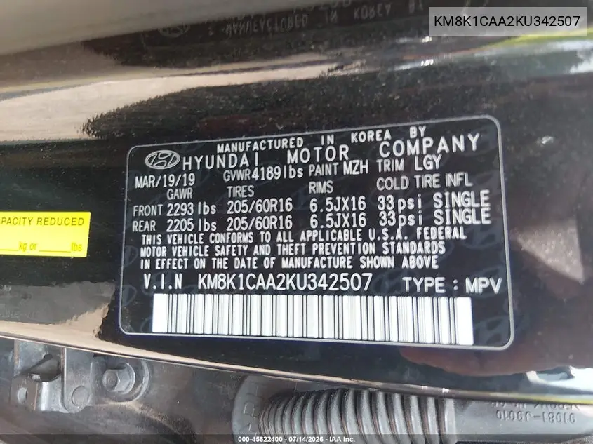 2019 Hyundai Kona Se VIN: KM8K1CAA2KU342507 Lot: 45622400