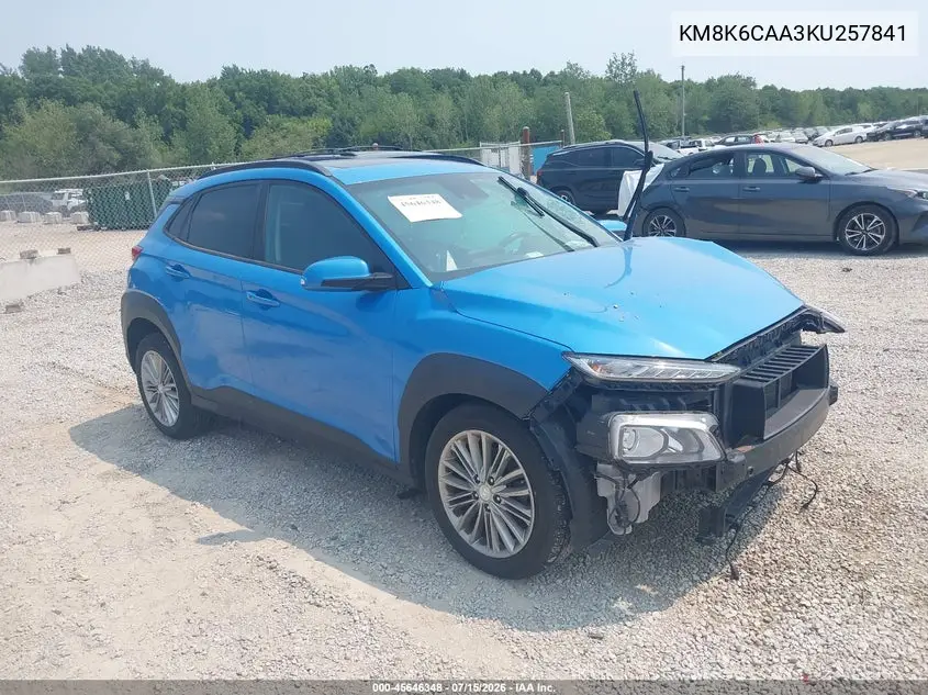 2019 Hyundai Kona Sel VIN: KM8K6CAA3KU257841 Lot: 45646348