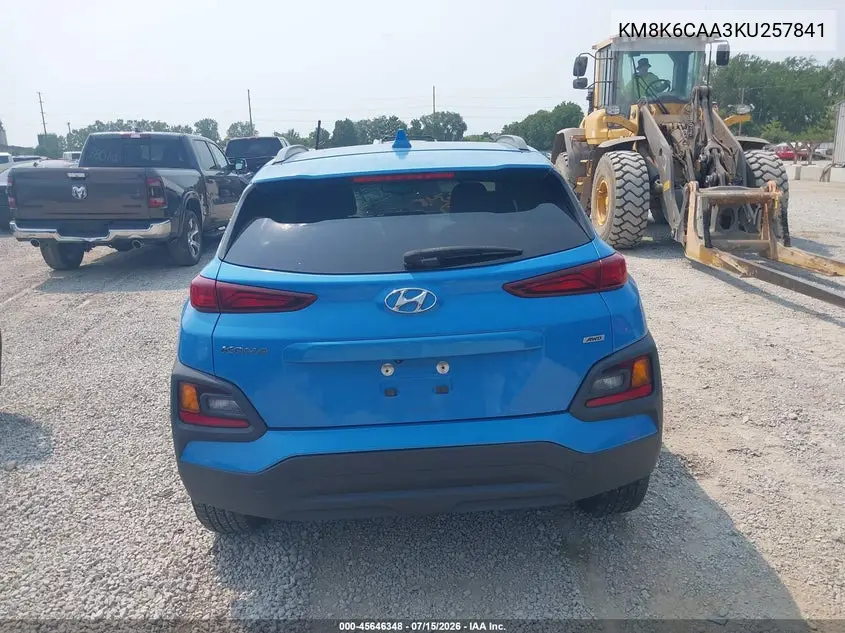 2019 Hyundai Kona Sel VIN: KM8K6CAA3KU257841 Lot: 45646348