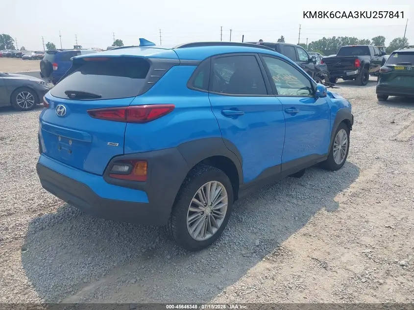 2019 Hyundai Kona Sel VIN: KM8K6CAA3KU257841 Lot: 45646348