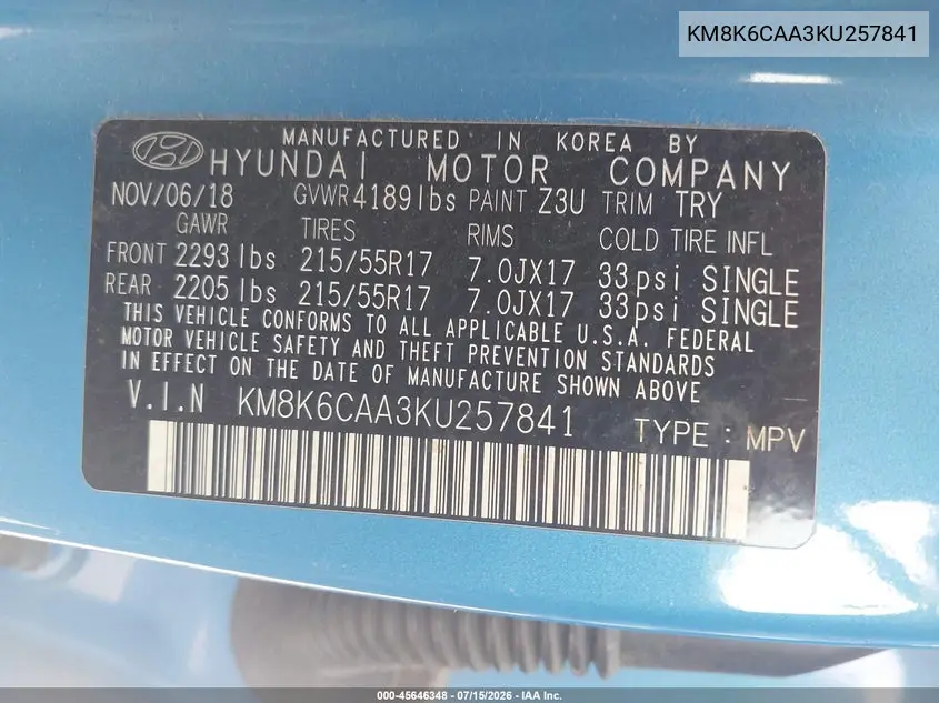 2019 Hyundai Kona Sel VIN: KM8K6CAA3KU257841 Lot: 45646348