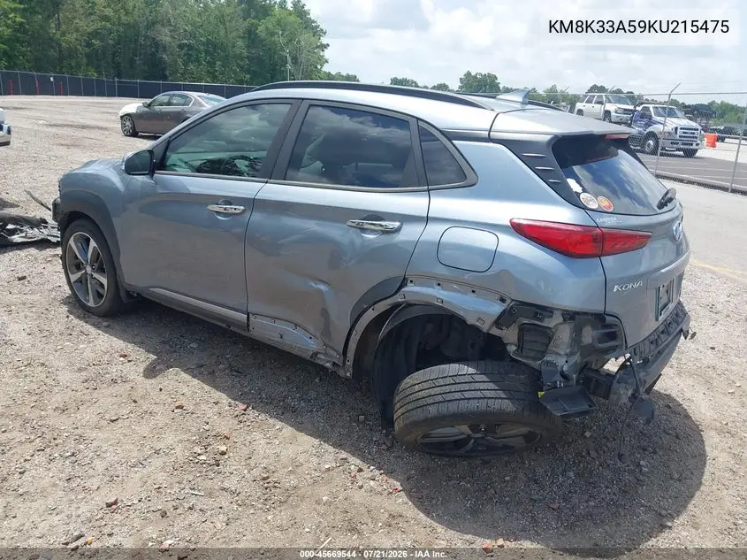 2019 Hyundai Kona Limited VIN: KM8K33A59KU215475 Lot: 45669544