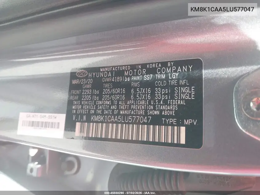 2020 Hyundai Kona Se VIN: KM8K1CAA5LU577047 Lot: 45550290