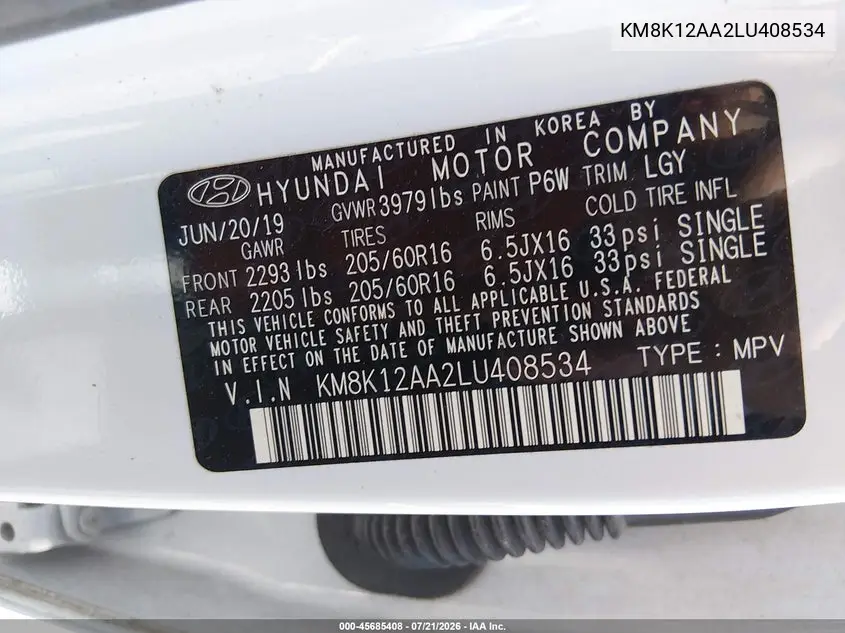 2020 Hyundai Kona Se VIN: KM8K12AA2LU408534 Lot: 45685408