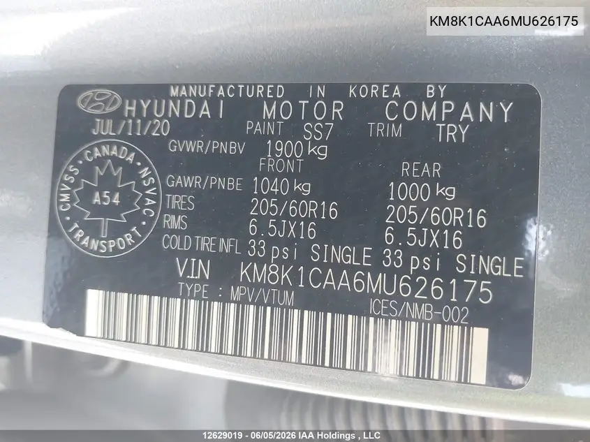 2021 Hyundai Kona Se VIN: KM8K1CAA6MU626175 Lot: 12629019