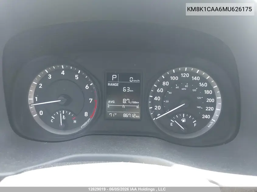 2021 Hyundai Kona Se VIN: KM8K1CAA6MU626175 Lot: 12629019