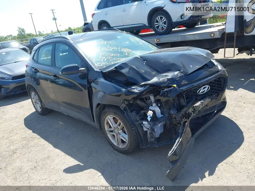 2021 Hyundai Kona Se VIN: KM8K1CAA2MU715001 Lot: 12646284
