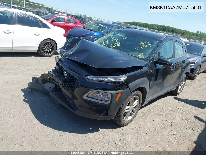 2021 Hyundai Kona Se VIN: KM8K1CAA2MU715001 Lot: 12646284