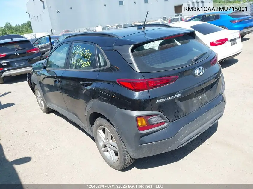 2021 Hyundai Kona Se VIN: KM8K1CAA2MU715001 Lot: 12646284