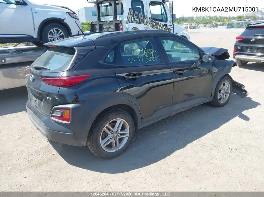 2021 Hyundai Kona Se VIN: KM8K1CAA2MU715001 Lot: 12646284