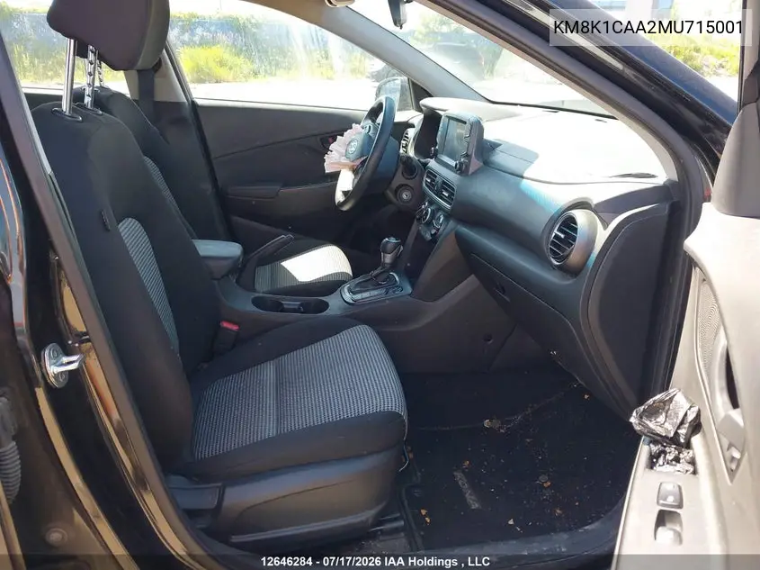2021 Hyundai Kona Se VIN: KM8K1CAA2MU715001 Lot: 12646284