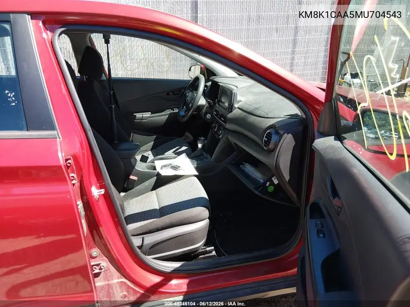 2021 Hyundai Kona Se VIN: KM8K1CAA5MU704543 Lot: 45346104