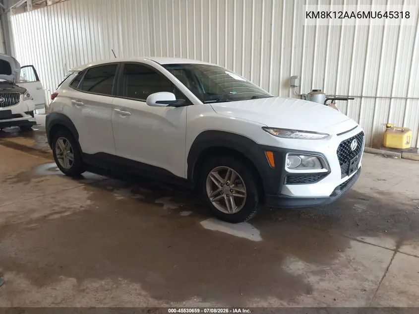 2021 Hyundai Kona Se VIN: KM8K12AA6MU645318 Lot: 45530659