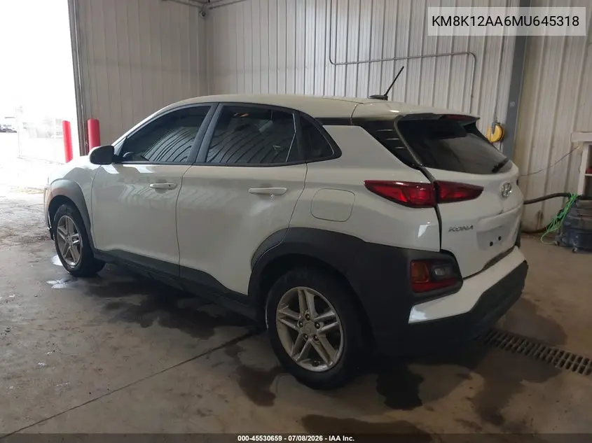 2021 Hyundai Kona Se VIN: KM8K12AA6MU645318 Lot: 45530659