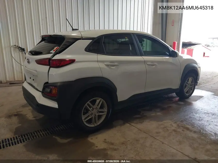 2021 Hyundai Kona Se VIN: KM8K12AA6MU645318 Lot: 45530659