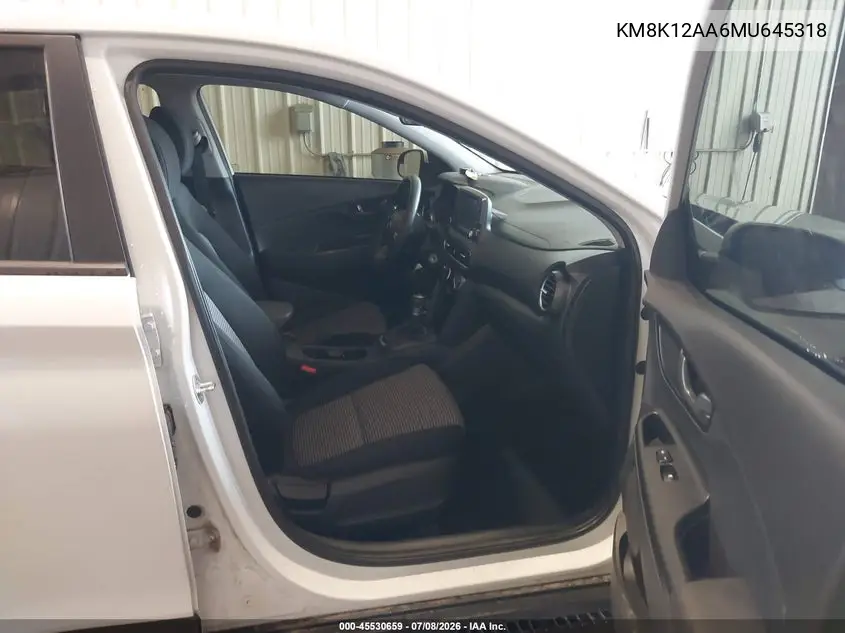 2021 Hyundai Kona Se VIN: KM8K12AA6MU645318 Lot: 45530659