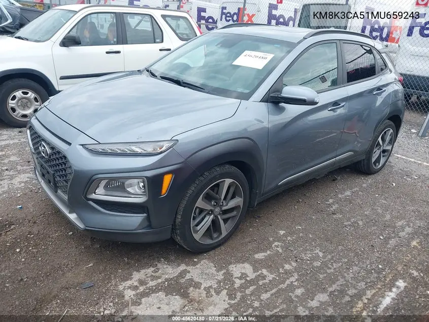 2021 Hyundai Kona Limited VIN: KM8K3CA51MU659243 Lot: 45620480