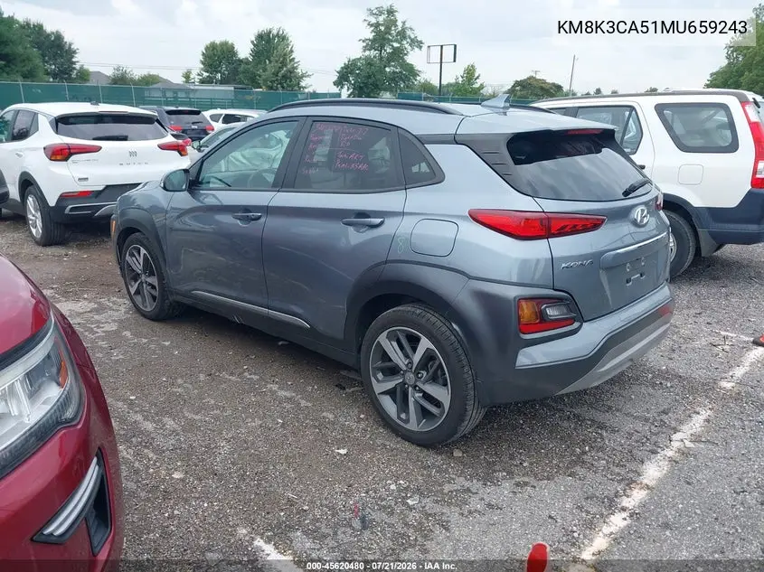 2021 Hyundai Kona Limited VIN: KM8K3CA51MU659243 Lot: 45620480