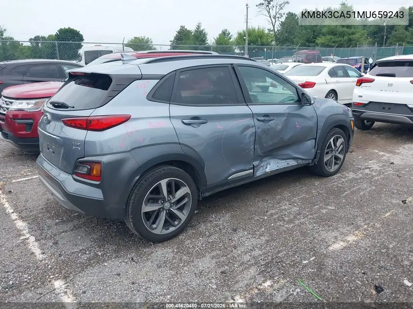 2021 Hyundai Kona Limited VIN: KM8K3CA51MU659243 Lot: 45620480