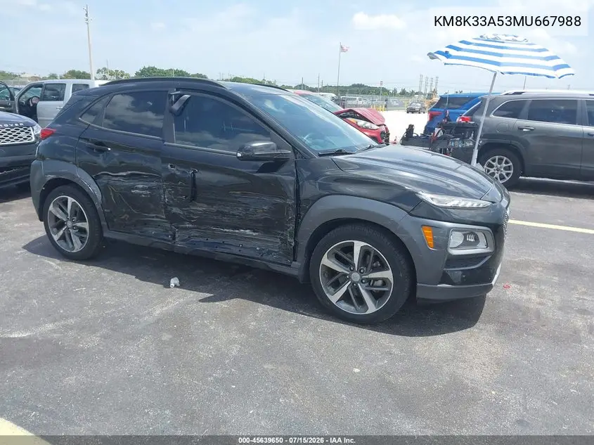 2021 Hyundai Kona Limited VIN: KM8K33A53MU667988 Lot: 45639650