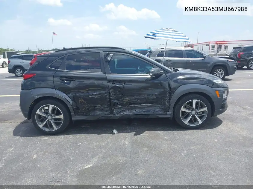 2021 Hyundai Kona Limited VIN: KM8K33A53MU667988 Lot: 45639650