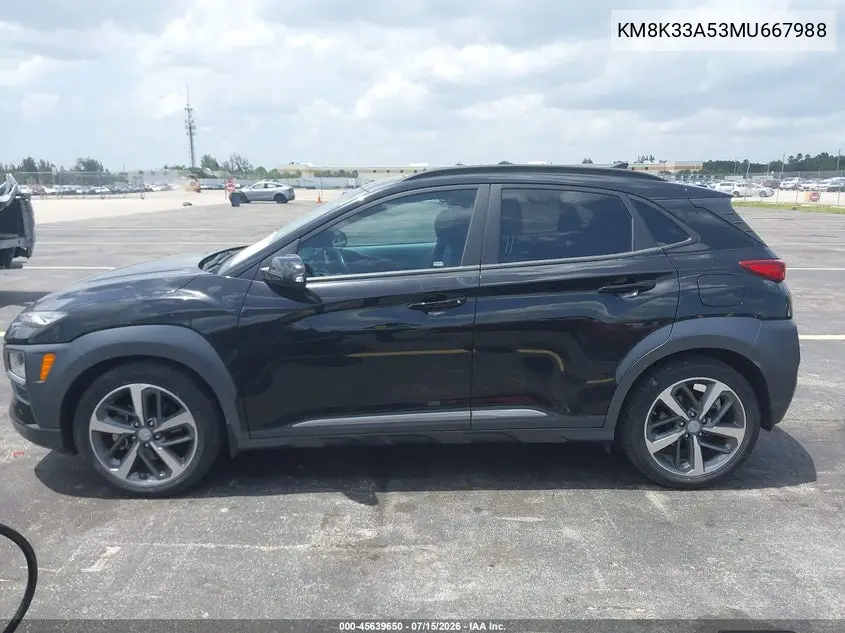 2021 Hyundai Kona Limited VIN: KM8K33A53MU667988 Lot: 45639650