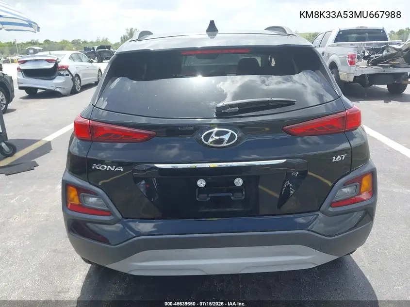 2021 Hyundai Kona Limited VIN: KM8K33A53MU667988 Lot: 45639650