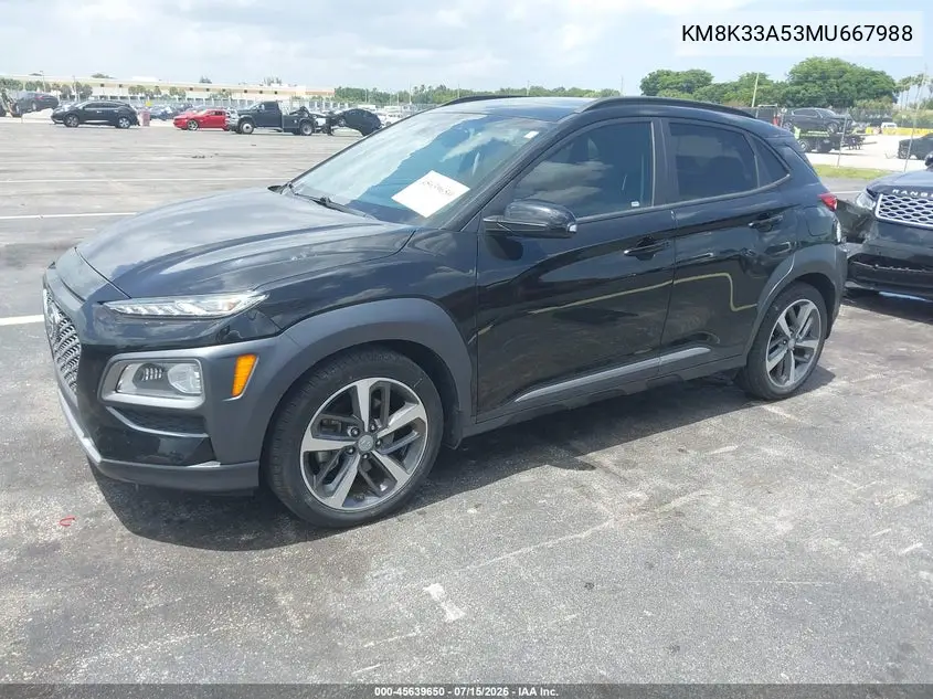 2021 Hyundai Kona Limited VIN: KM8K33A53MU667988 Lot: 45639650