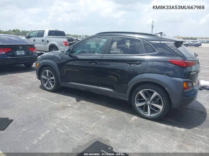 2021 Hyundai Kona Limited VIN: KM8K33A53MU667988 Lot: 45639650