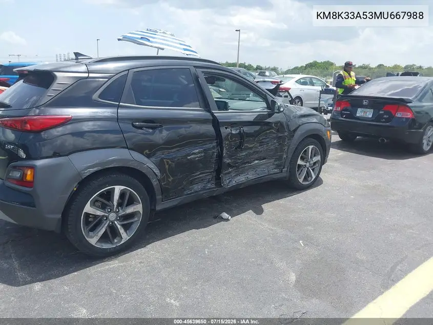 2021 Hyundai Kona Limited VIN: KM8K33A53MU667988 Lot: 45639650