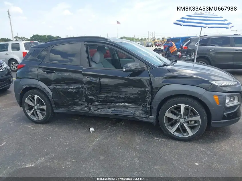2021 Hyundai Kona Limited VIN: KM8K33A53MU667988 Lot: 45639650