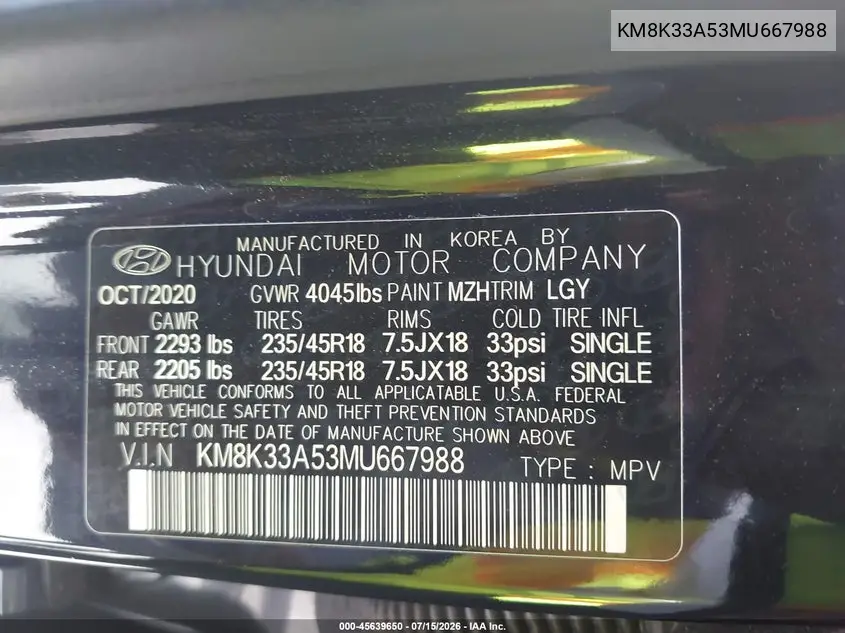 2021 Hyundai Kona Limited VIN: KM8K33A53MU667988 Lot: 45639650