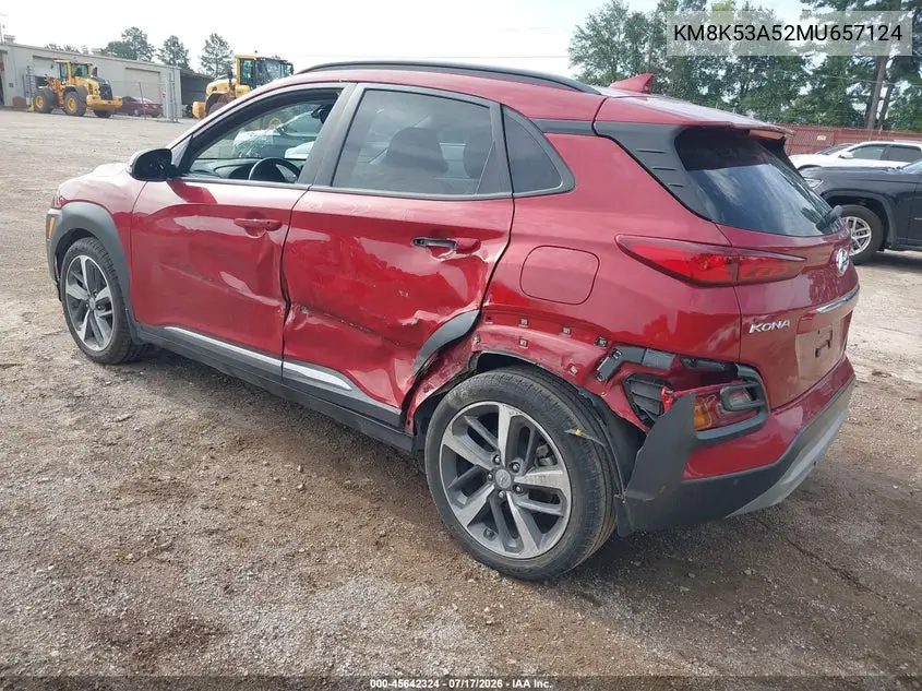 2021 Hyundai Kona Ultimate VIN: KM8K53A52MU657124 Lot: 45642324
