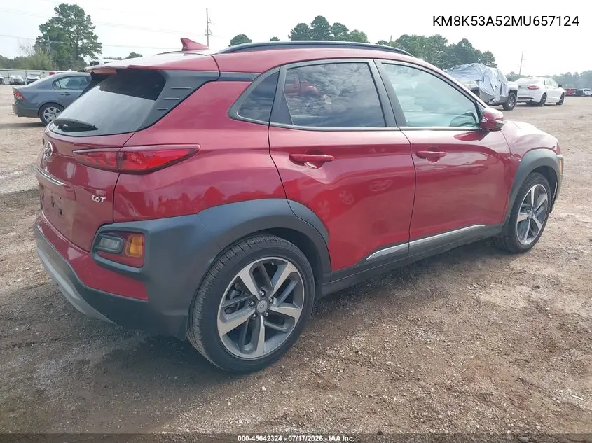 2021 Hyundai Kona Ultimate VIN: KM8K53A52MU657124 Lot: 45642324