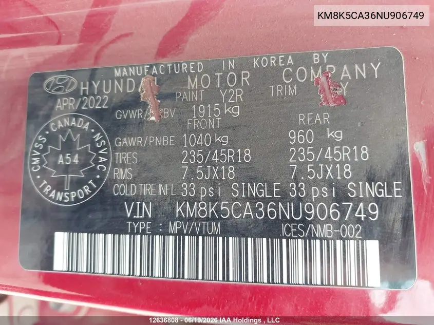 2022 Hyundai Kona Limited VIN: KM8K5CA36NU906749 Lot: 12636808
