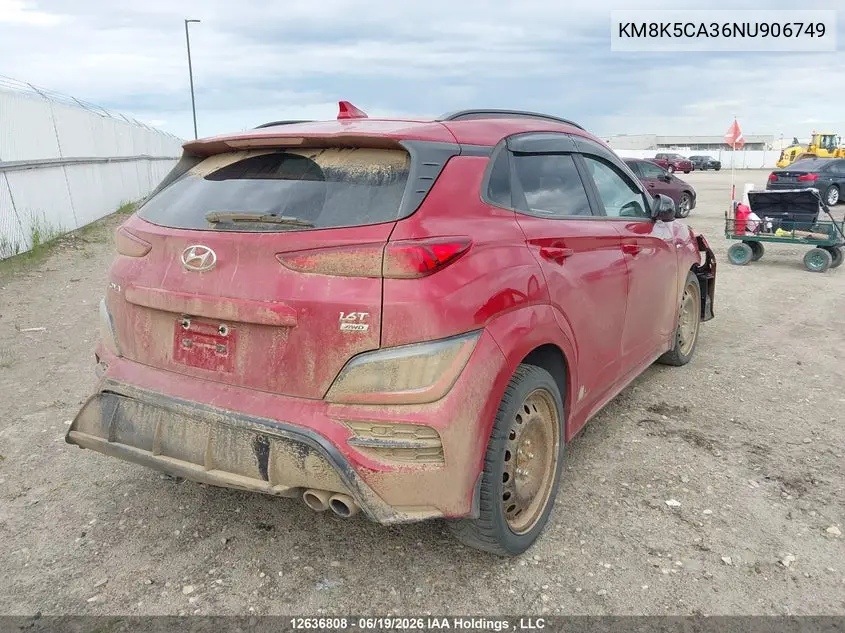 2022 Hyundai Kona Limited VIN: KM8K5CA36NU906749 Lot: 12636808